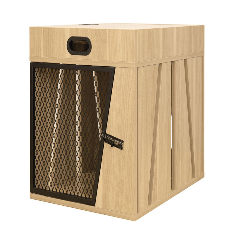 Tucker Murphy Pet Lucky Kennels Penny Pet Crate Modern Dog Crate Designer Cat Crate Geometric Wooden Pet Crate Cozy Pet House with Storage Compartment for Leashes Treats. light Wood oak Medium Wayfair